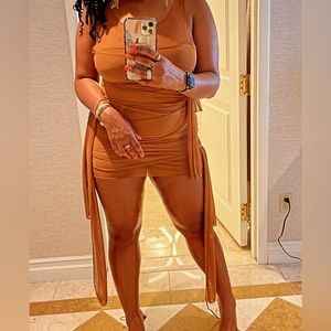 Sheer Mesh Wrap-tie Slinky Bandage Dress - Coffee